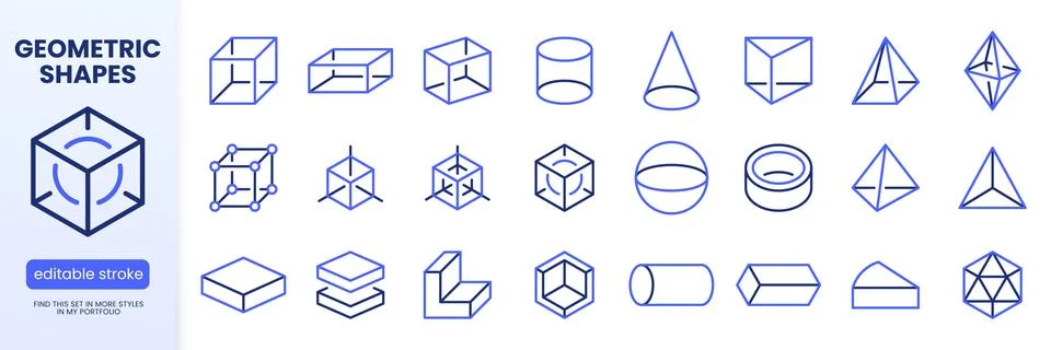 Geometry line icon set. Cube, sphere, pyramid, cylinder, cone, torus, prism Stock Illustration