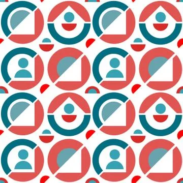 Geometry people in cricles seamless pattern. Red turquoise circle pattern on Stock Illustration