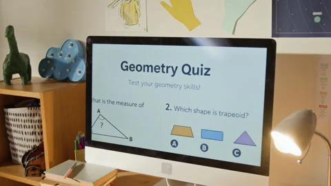 Geometry Quiz on Online Learning Platform on Computer in Kids Bedroom Stock Footage 334959281