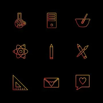 Geometry , scale , flask  ,beaker , nuclear , pen , pencil , bowl , computer  Stock Illustration
