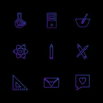 Geometry , scale , flask  ,beaker , nuclear , pen , pencil , bowl , computer  Stock Illustration