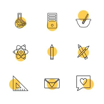 Geometry , scale , flask  ,beaker , nuclear , pen , pencil , bowl , computer  Stock Illustration
