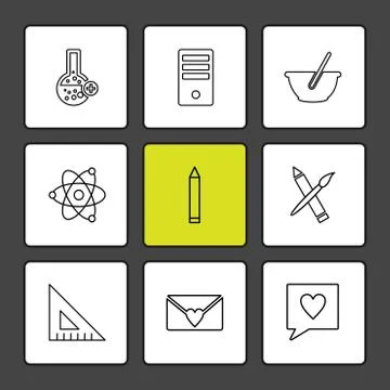 Geometry , scale , flask  ,beaker , nuclear , pen , pencil , bowl , computer  Stock Illustration