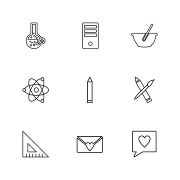 Geometry , scale , flask  ,beaker , nuclear , pen , pencil , bowl , computer  Stock Illustration