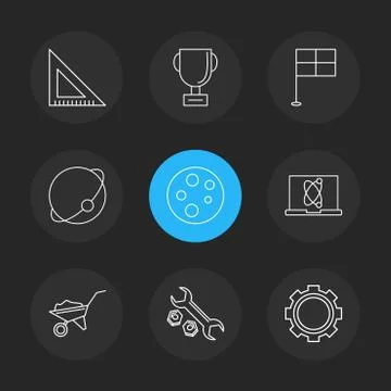 Geometry scale, trophy , flag , planet , germs plate , laptop , trolley  , wr Stock Illustration