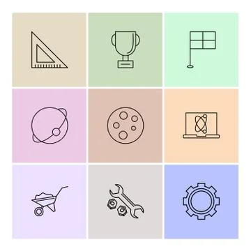 Geometry scale, trophy , flag , planet , germs plate , laptop , trolley  , wr Stock Illustration