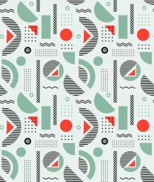 Geometry seamless textured pattern. Green red circles and polka dot on white Stock Illustration