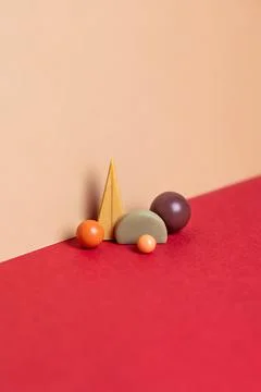 Geometry set abstract composition. Simple figures on red and beige background Stock Photos