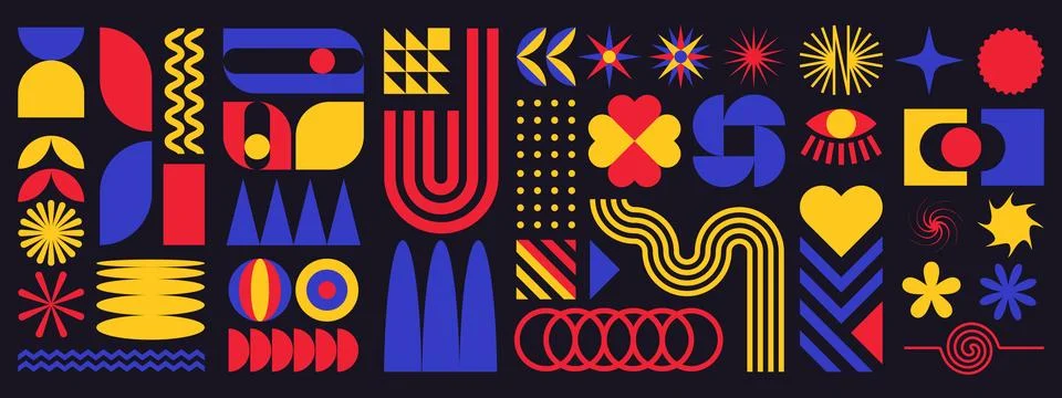 Geometry shapes. Abstract graphic elements, star and flower icons, retro modern Illustrazione stock