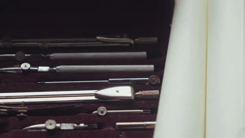 Geometry Tool Set Revealed in Box, Precision Instruments for Technical Design Stock Footage 334358511
