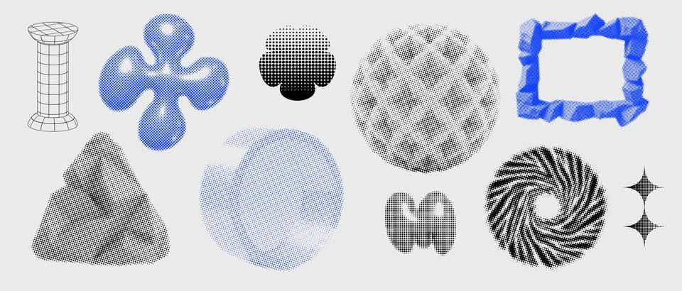 Geometry wireframe shapes and grids set. 3D abstract cyberpunk elements, frames Stock Illustration