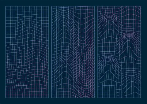 Geometry wireframe thin line grid backgrounds set in neon pink and blue colors 스톡 일러스트