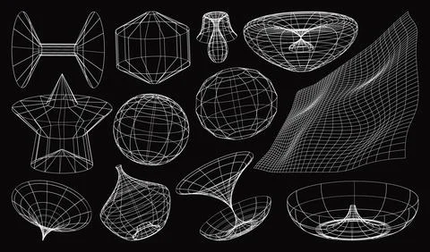 Geometry Y2k Wireframe Shapes and grids. 3D. 00s retro futuristic aesthetic. Stock Illustration