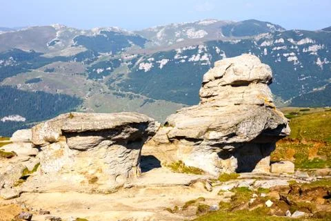 Geomorphologic rocky structures in Bucegi Mountains, Romania 스톡 사진