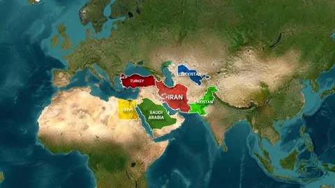 Geopolitical Map Animation Highlighting Middle East and Asian Powers Inside Stock Footage 343705662