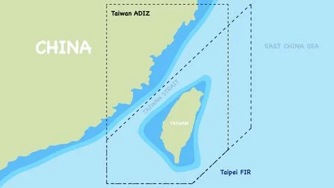 Geopolitical map demonstrating boundaries of Taiwan Strait along with ADIZ Stock Illustration