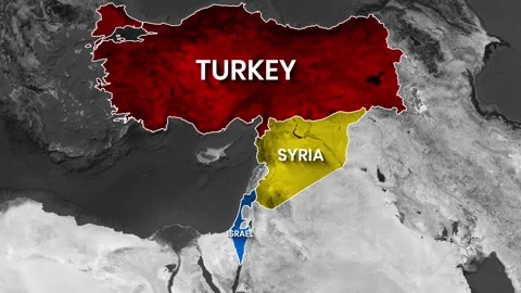 Geopolitical map relationships between Turkey, Syria, Israel in motion Stock Footage 343607685