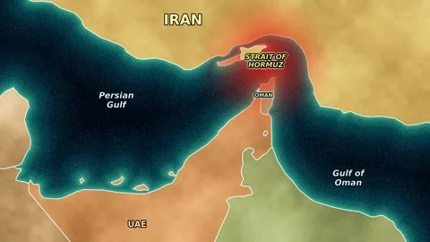 Geopolitical map of the Strait of Hormuz with  pulsating red glow tension zone Video stock 342518347
