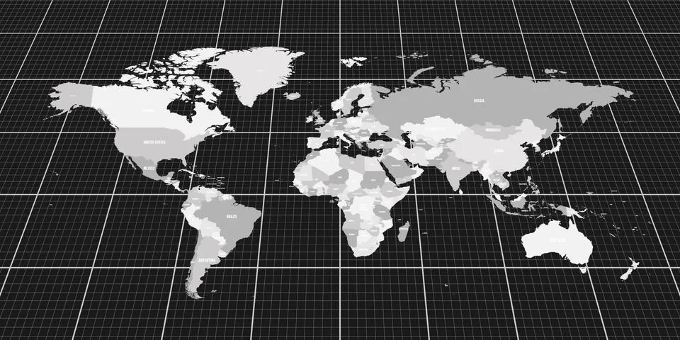 Geopolitical map of World. Bottom perspective view with background grid. Vector Stock Illustration