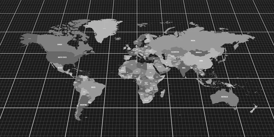 Geopolitical map of World. Bottom perspective view with background grid. Vector Stock Illustration