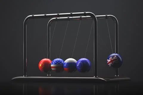 Geopolitical theme illustration. Newton's pendulum. Stock-Fotos