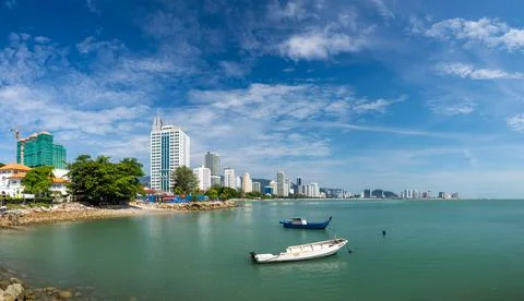 George Town, Penang, Malaysia: City and beach promenade panorama view Stock Photos