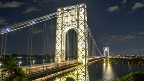 George Washington Bridge Day to Night Timelapse Lights Turning for Labor Day Stock Footage 160608034