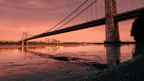 George Washington Bridge dramatic sky and reflections 4k Video stock 112230491