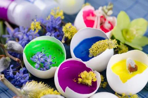 Georgeous Easter decoration with egg shells and paints Stock Photos