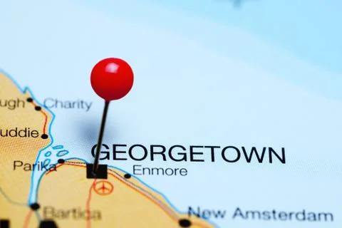Georgetown pinned on a map of Guyana Foto stock