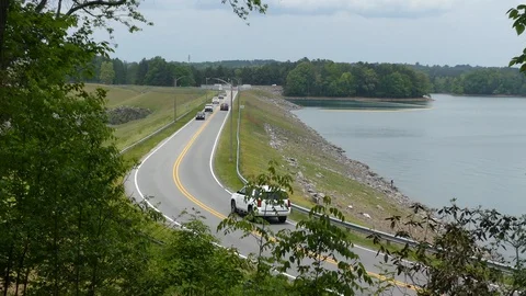 Georgia, Buford Dam Park, The camera zooms out at an upper view of Buford Dam Stock Footage 89760788