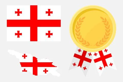Georgia flag with map and gold medal in set for web and banners or app and .. Stock Illustration