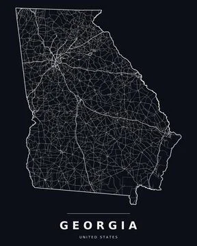 Georgia GA Map Counties Highways Roads Dark Mode Editable Vector Stock Illustration