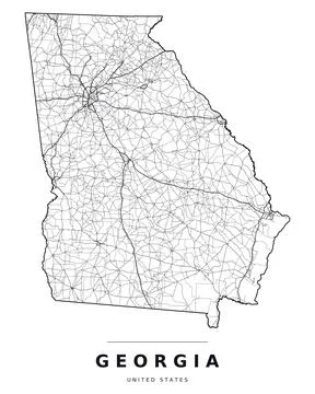 Georgia GA Map Counties Highways Roads Black White Editable Vector Stock Illustration