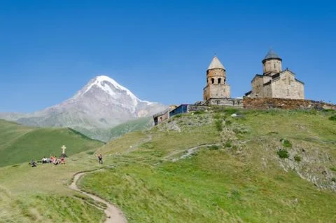 Georgia, Kazbegi / Stepantsminda, Tsminda Sameba, Monastery, Mount Kazbek in the Stock Photos