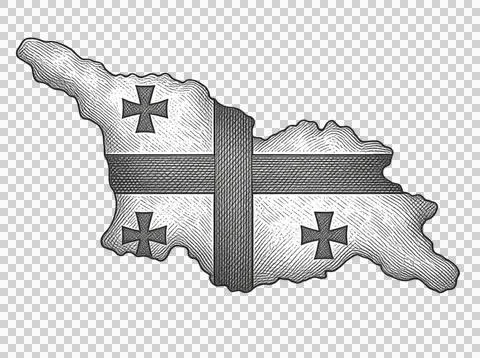 Georgia map flag in hand drawn scratchboard engraving style. Ilustração Stock