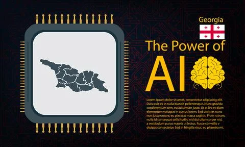 Georgia map with microchip war and AI concept on circuit board, Power of AI.. Ilustração Stock