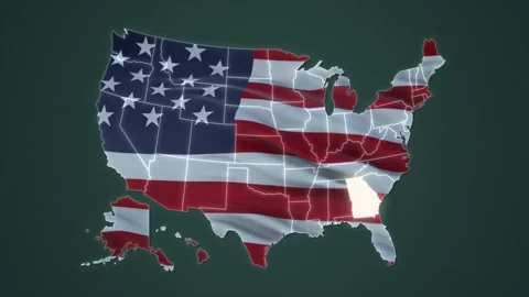 Georgia State blinking on waving flag of the United States of America in shape Stock Footage 246292549