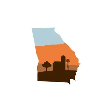 Georgia State Shape with Farm at Sunset that has Windmill, Barn, and a Tree Stock Illustration