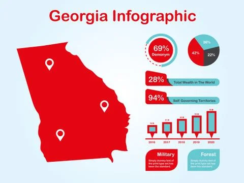 Georgia State (USA) Map with Set of Infographic Elements in Red Color Illustrazione stock