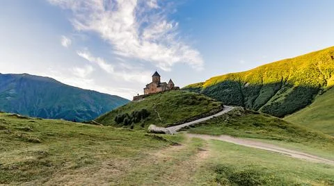 Georgia, Stepantsminda-Sameba. Ancient Gergeti Trinity Church Stock Photos