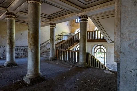 Georgia Tskaltubo abandoned soviet luxury sanatory buildingcolumn stairs Stock Photos