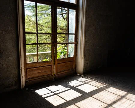 Georgia Tskaltubo abandoned soviet luxury sanatory building terrace doors wit Stock Photos
