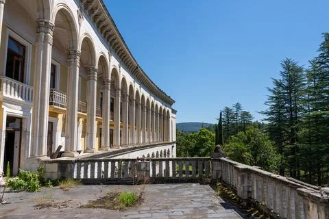 Georgia Tskaltubo abandoned soviet luxury sanatory building terrace with conc Stock Photos