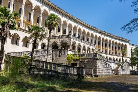 Georgia Tskaltubo abandoned soviet luxury sanatory building outside view Stock Photos