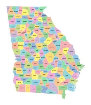 Georgia, U.S. state, subdivided into 159 counties, multi colored map Stock Illustration