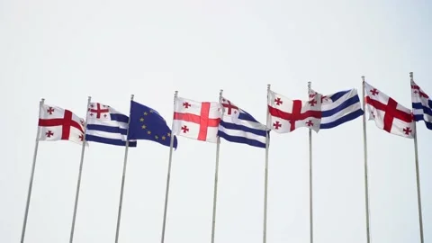 Georgian and EU flags waving in the wind on flagpoles Stock Footage 160653076