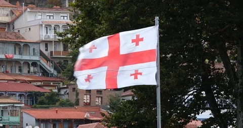 Georgian Flag Is Flying In A Strong Wind On A Background Of Trees And  Mounta Stock-Footage 118088937