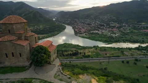 Georgian Jvari temple overlooking the confluence of the Aragvi and Kura rivers. Stock Footage 248371464