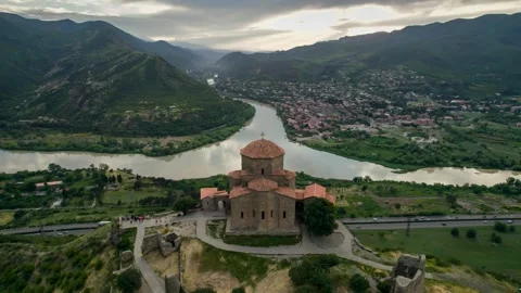 Georgian Jvari temple overlooking the confluence of the Aragvi and Kura rivers. Stock Footage 248371489